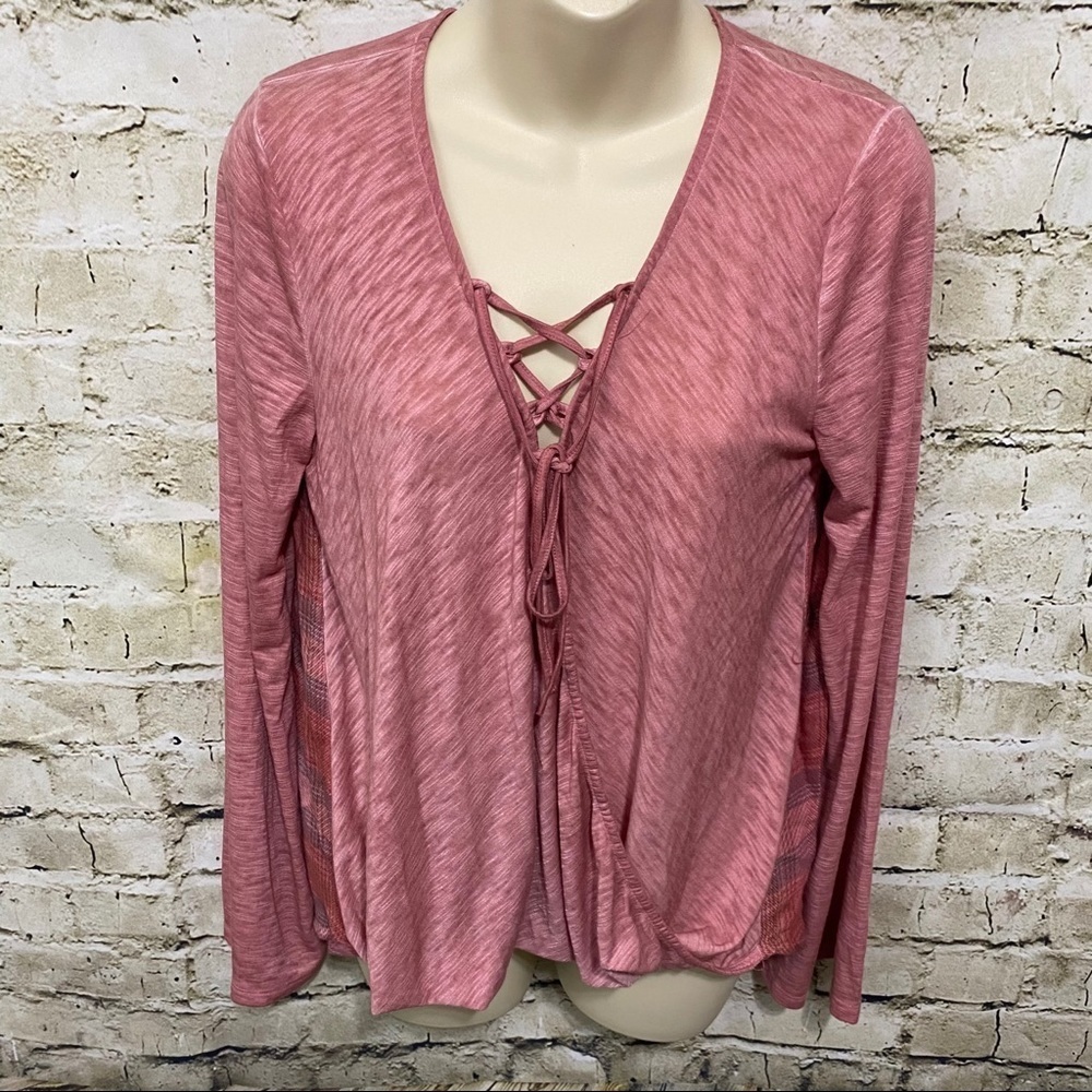 Mystree Pink Plaid Back Lace Up Long Sleeve Top
